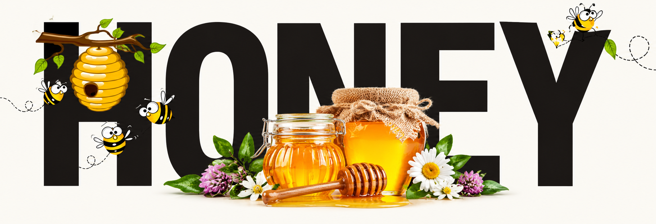 HONEY — pure Georgia honey in glass jars with a dipper, a honeycomb hive and bees